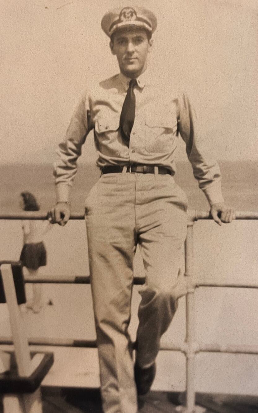 Vintage U.S. Navy Officer Snapshot Photo Uniform Waterfront Black & White